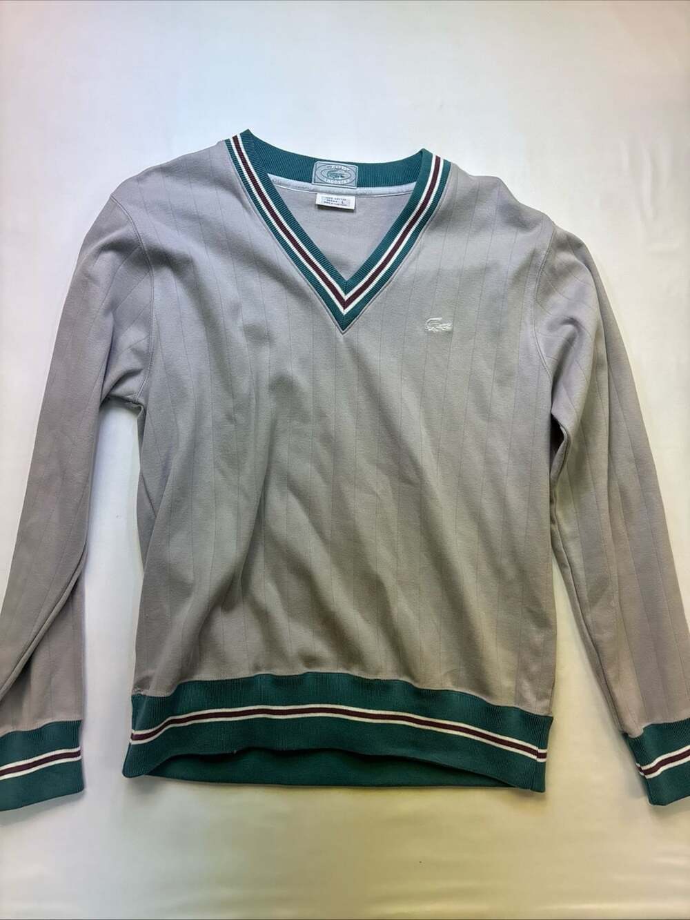 Vintage Izod Lacoste V-Neck Sweater Grey Green Striped Cotton Men's Size L